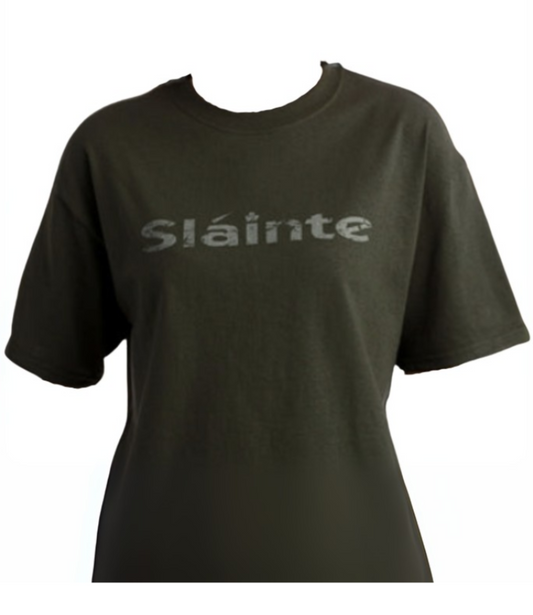 Black t-shirt with 'Sláinte' printed on it against a white background