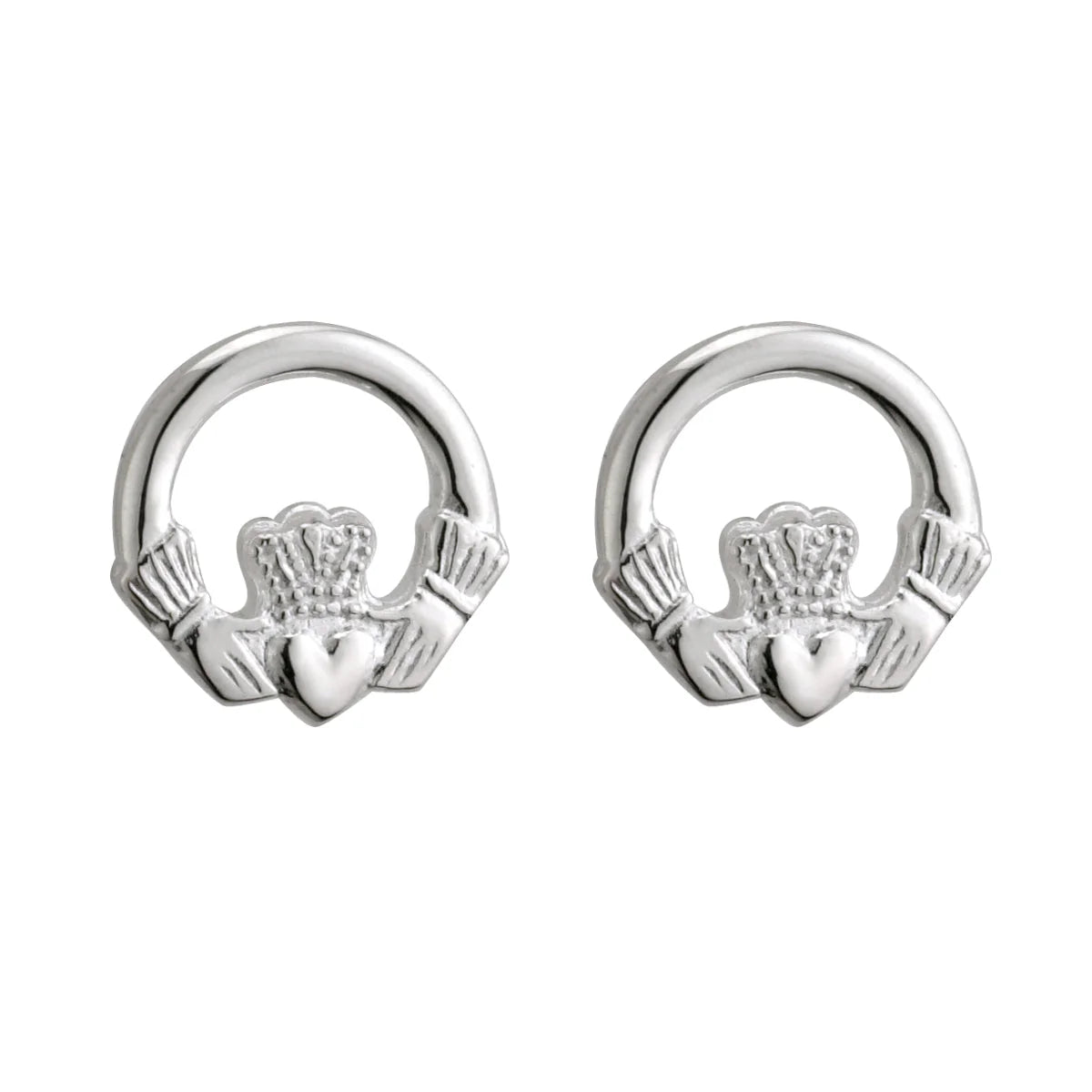Pair of silver Claddagh earrings on a white background