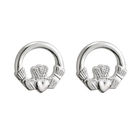 Pair of silver Claddagh earrings on a white background