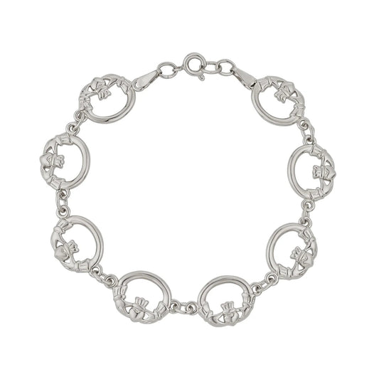 A silver-colored bracelet made up of a series of round claddagh charms.