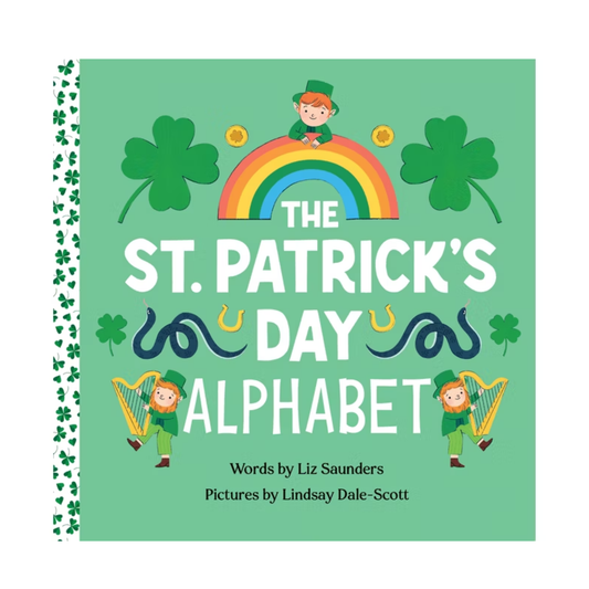 A green book cover with images of leprechauns, shamrocks, coins, snakes, and a rainbow. Text that reads "The St. Patrick's Day Alphabet"