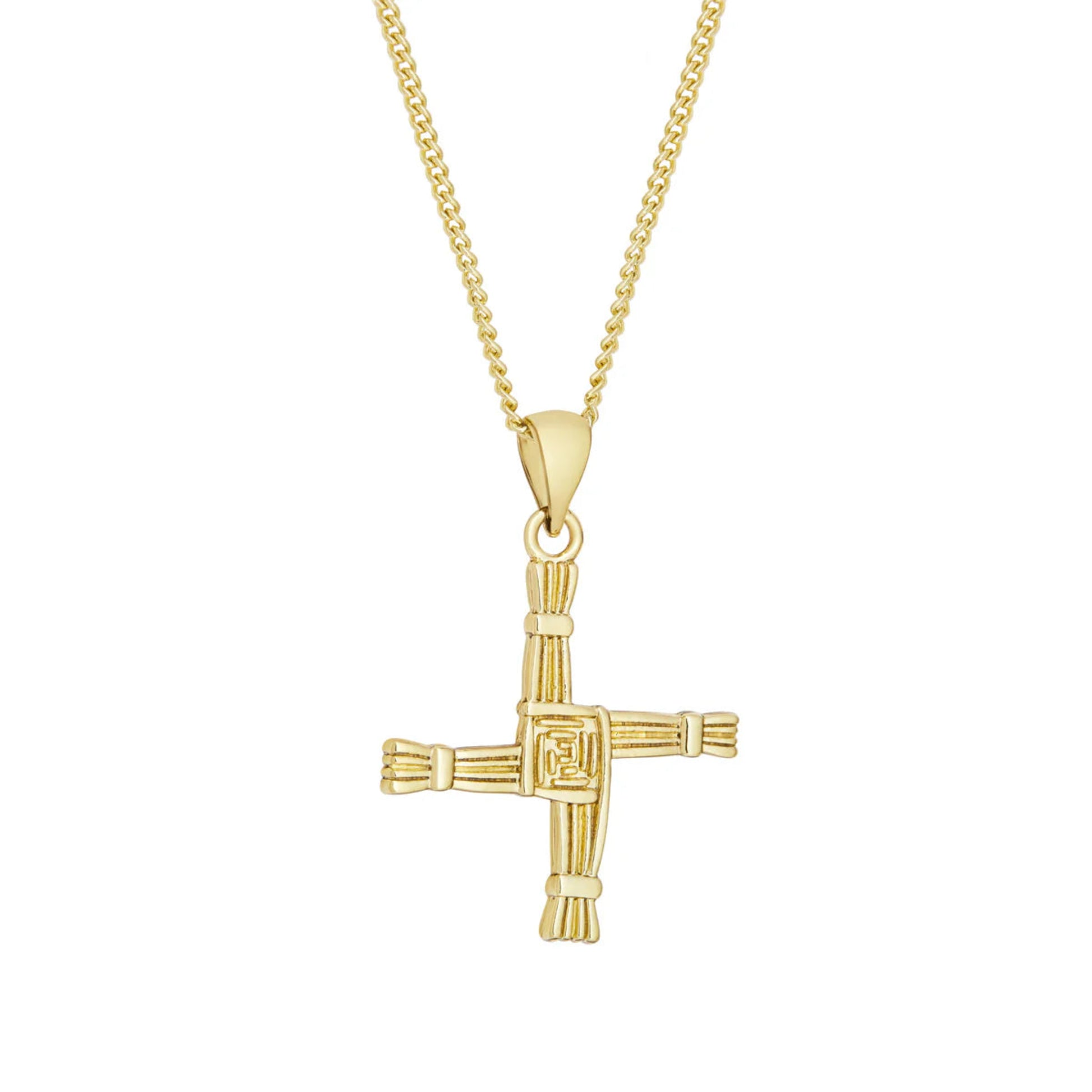 Gold cross pendant on a chain against a white background