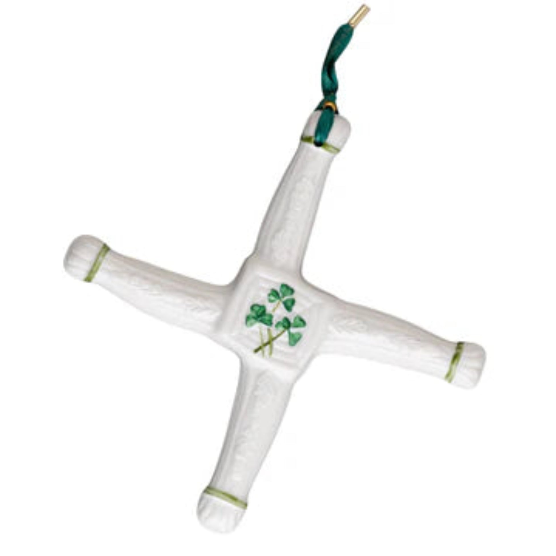 A ceramic St. Brigid's Day cross with a white glaze and green decorations, featuring a shamrock in the center, displayed against a plain background.