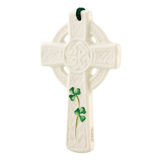 Porcelain cross with embossed knotwork and green painted shamrocks.
