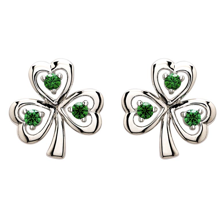 Sterling Silver with Emerald Cubic Zirconia Shamrock Stud Earrings