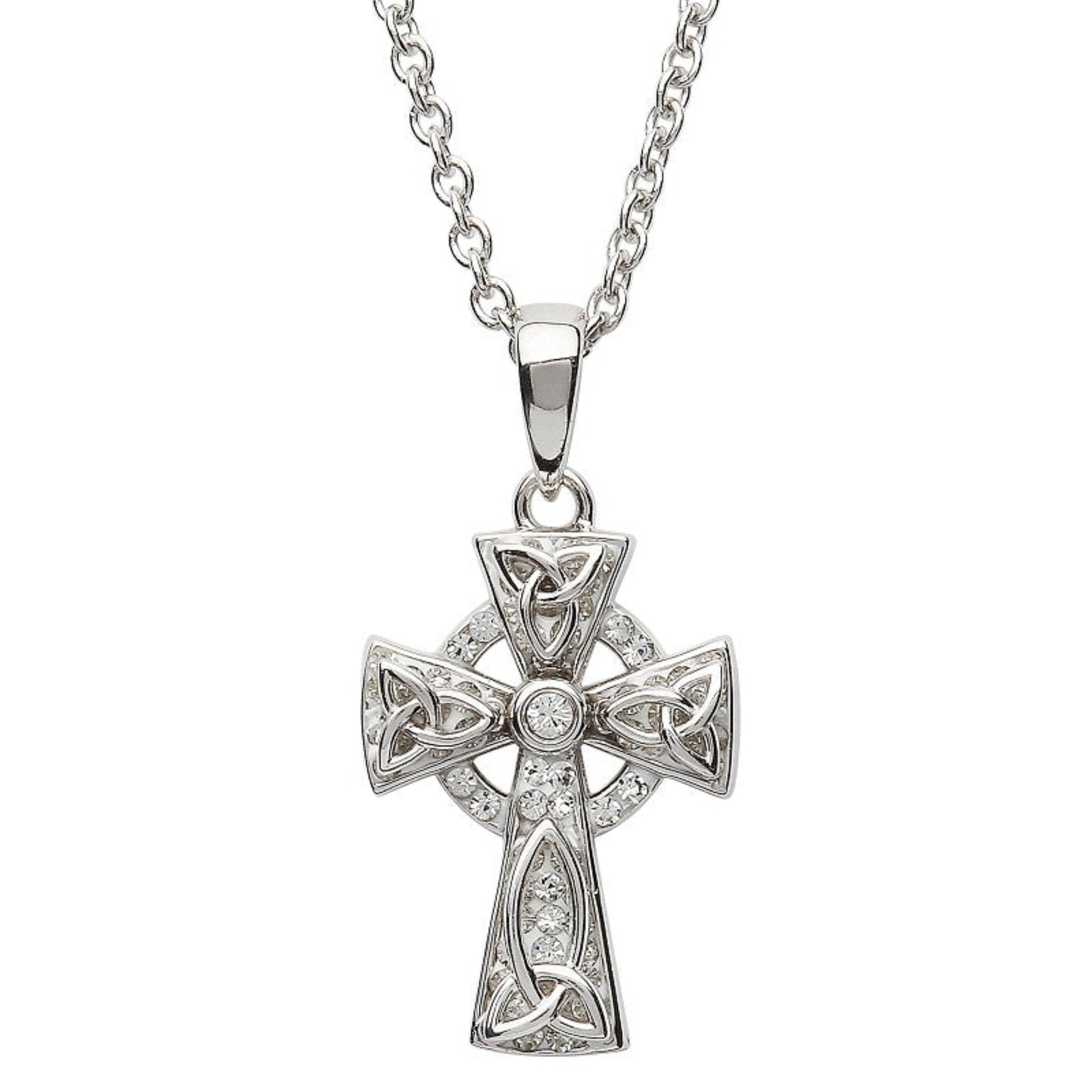 A Sterling Silver Celtic Cross pendant with white crystals, displayed on a silver chain.