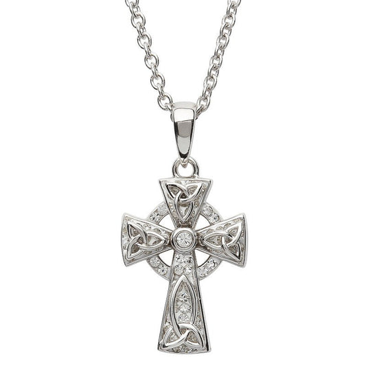 A Sterling Silver Celtic Cross pendant with white crystals, displayed on a silver chain.
