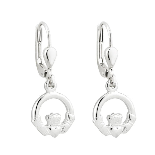 Pair of silver Claddagh earrings on a white background