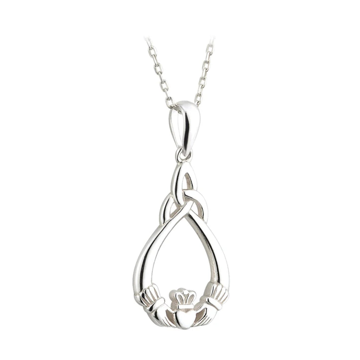 Silver claddagh pendant on a chain against a white background