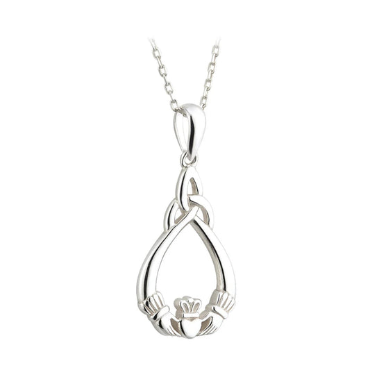 Silver claddagh pendant on a chain against a white background