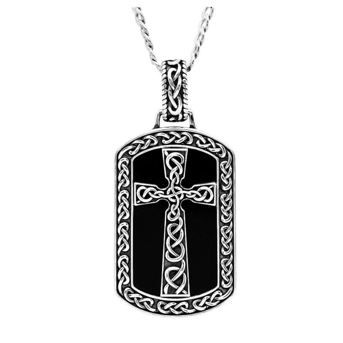 A sterling silver dog tag pendant featuring a black onyx gemstone with a Celtic cross design, attached to a silver chain.