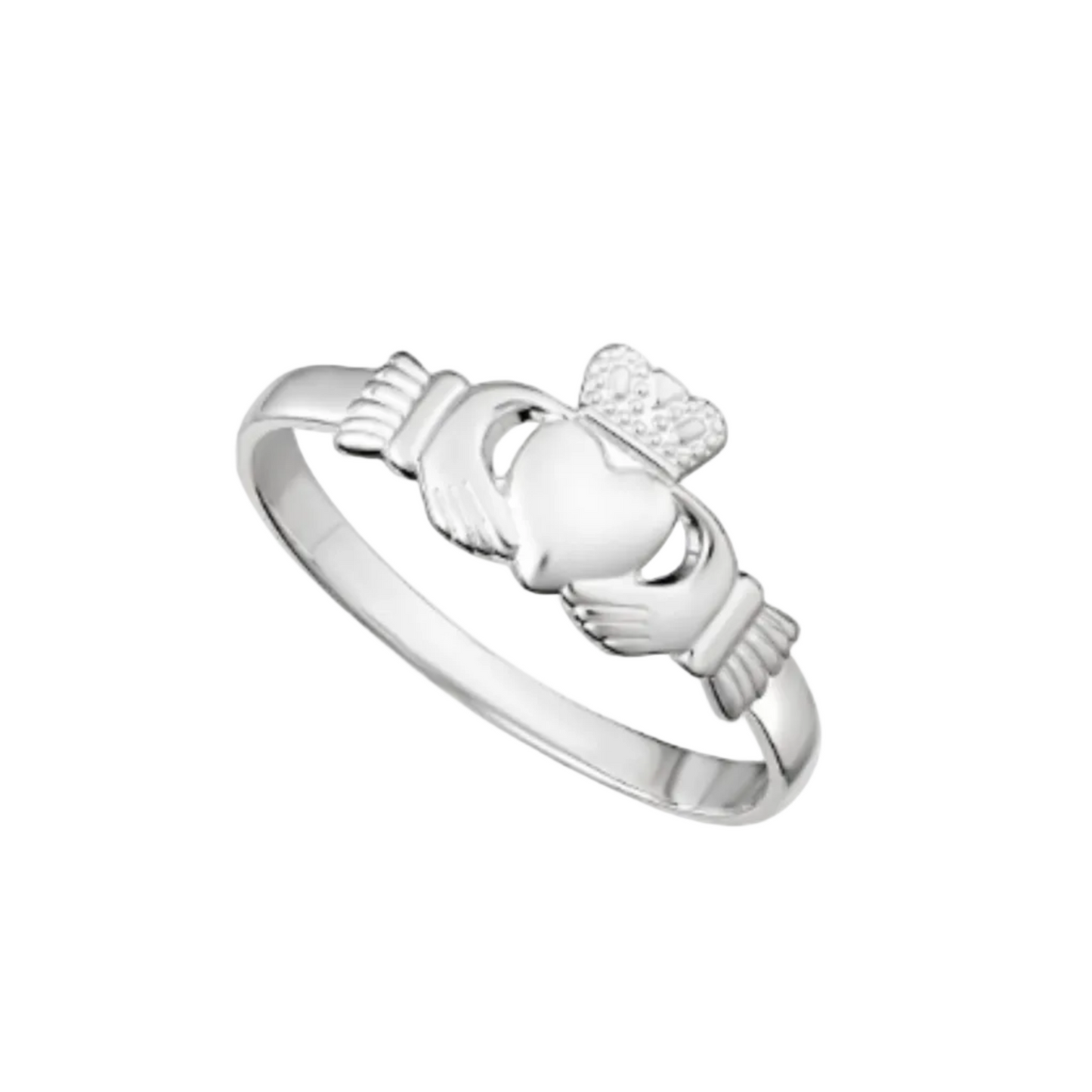 A sterling silver ring featuring the Claddagh symbol with intricate detailing on a plain background.