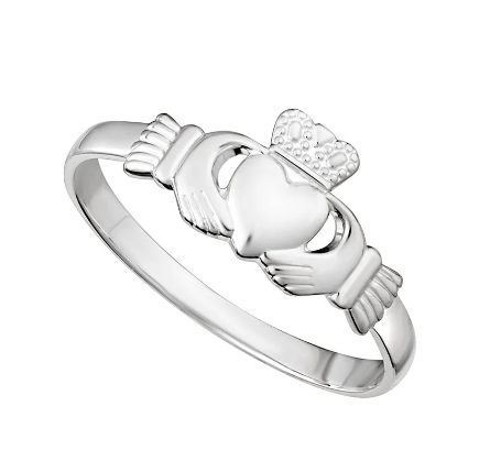 A sterling silver ring featuring the Claddagh symbol with intricate detailing on a plain background.