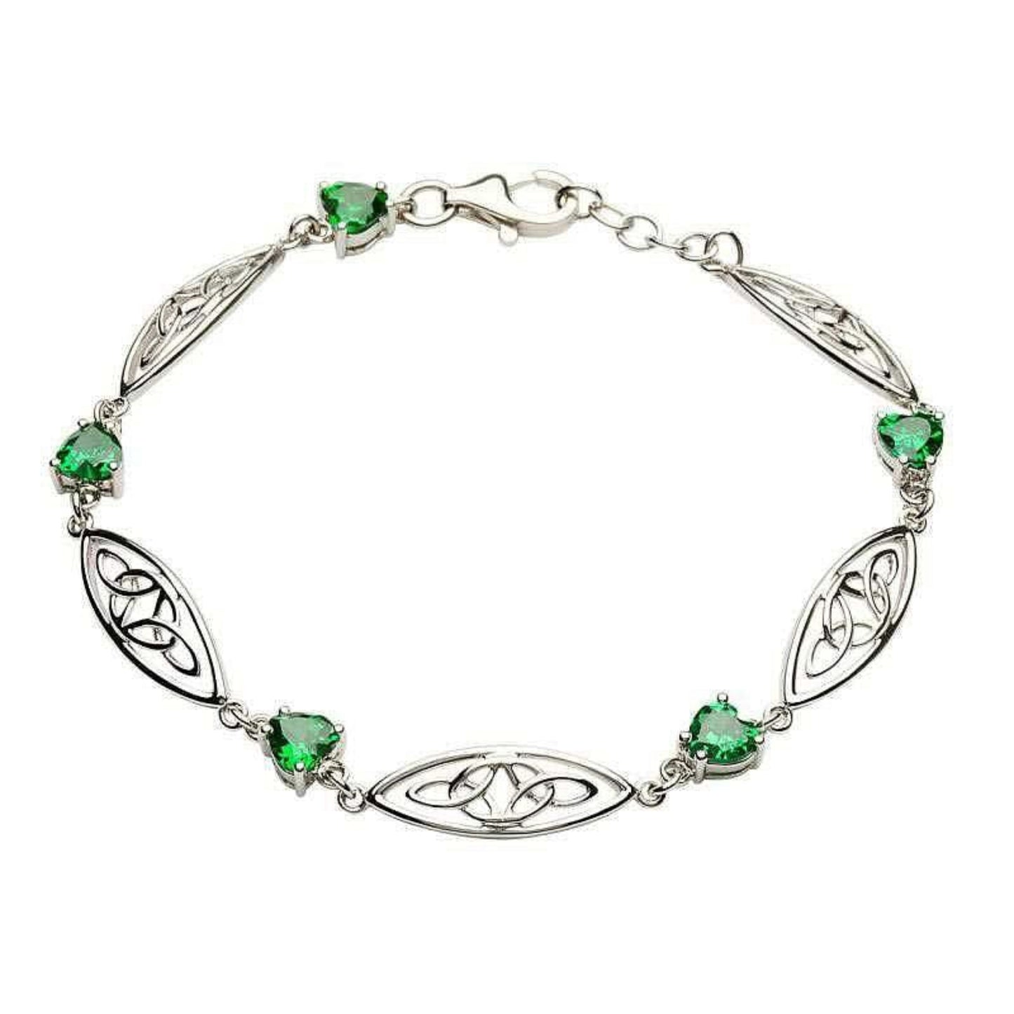 A sterling silver bracelet featuring a heart-shaped green cubic zirconia with trinity knots design.