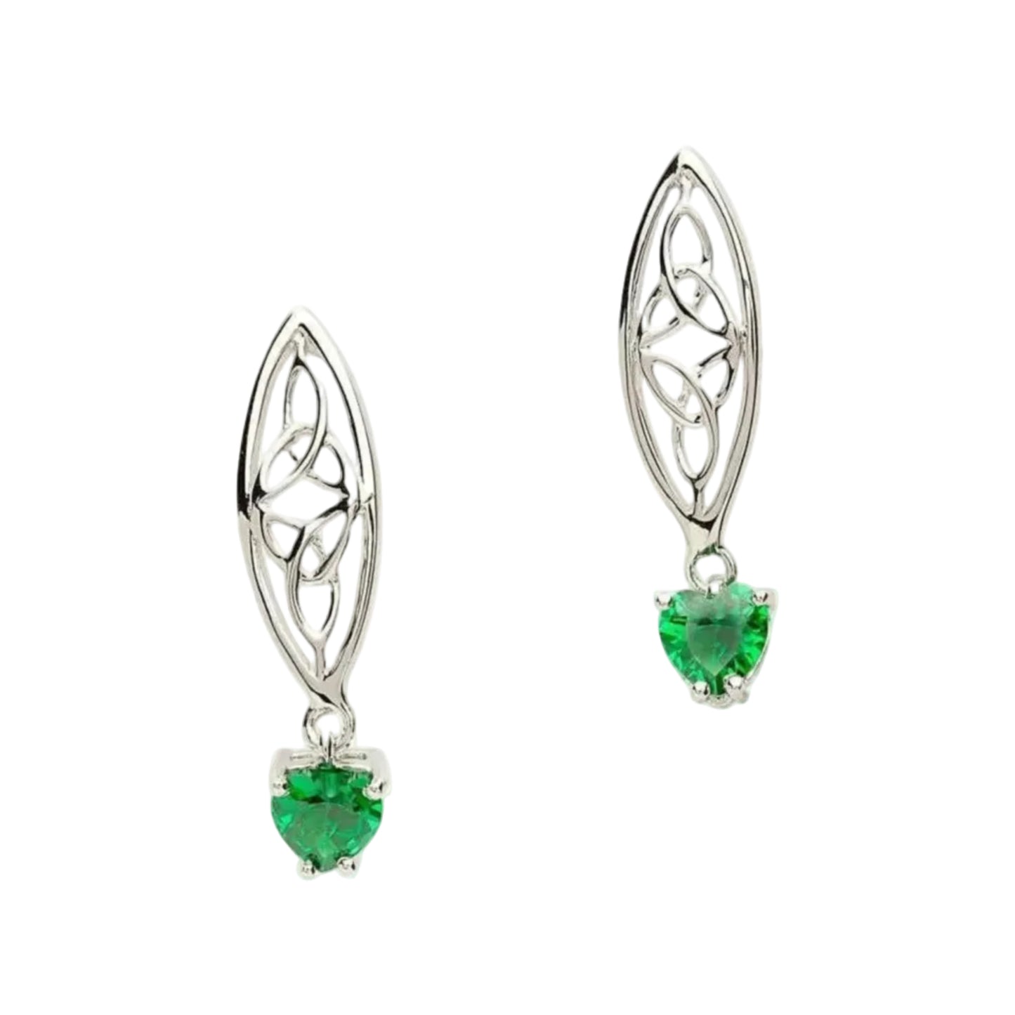 A pair of sterling silver earrings featuring heart-shaped green cubic zirconia stones with a Celtic Trinity knot design.