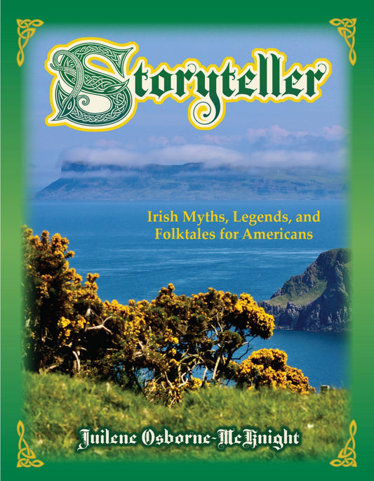 Promotional image for Juilene Osborne-McKnight book signing event featuring images of the author and the books 'Storyteller: Irish Myths, Legends and Folktales for Americans' and 'The Story We Carry in Our Bones: Irish History for Americans'. The event is scheduled for St.