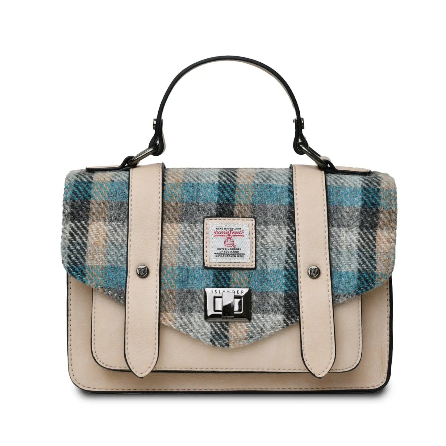 Plaid handbag with beige accents on a white background