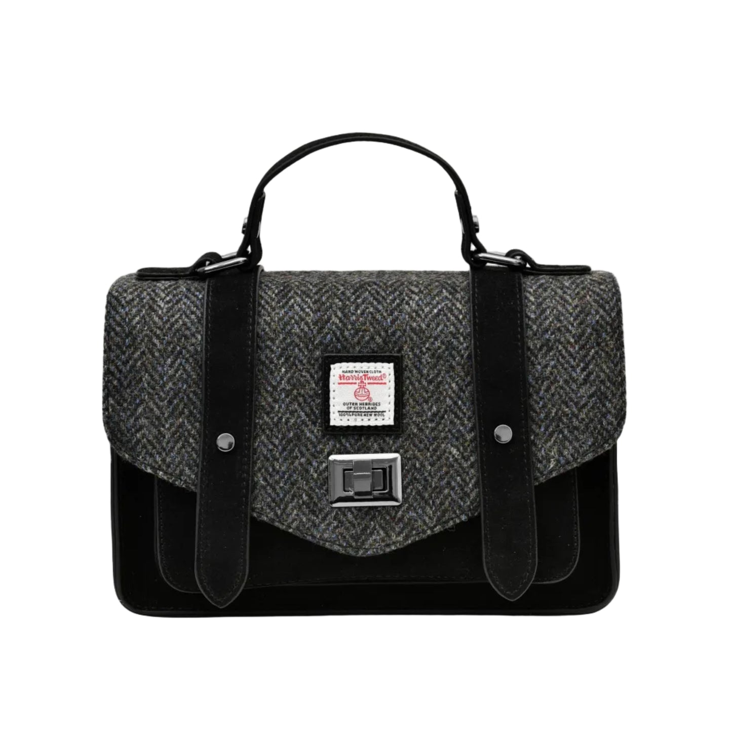 A black and gray Harris Tweed satchel handbag with a microfiber leather exterior and a structured design.