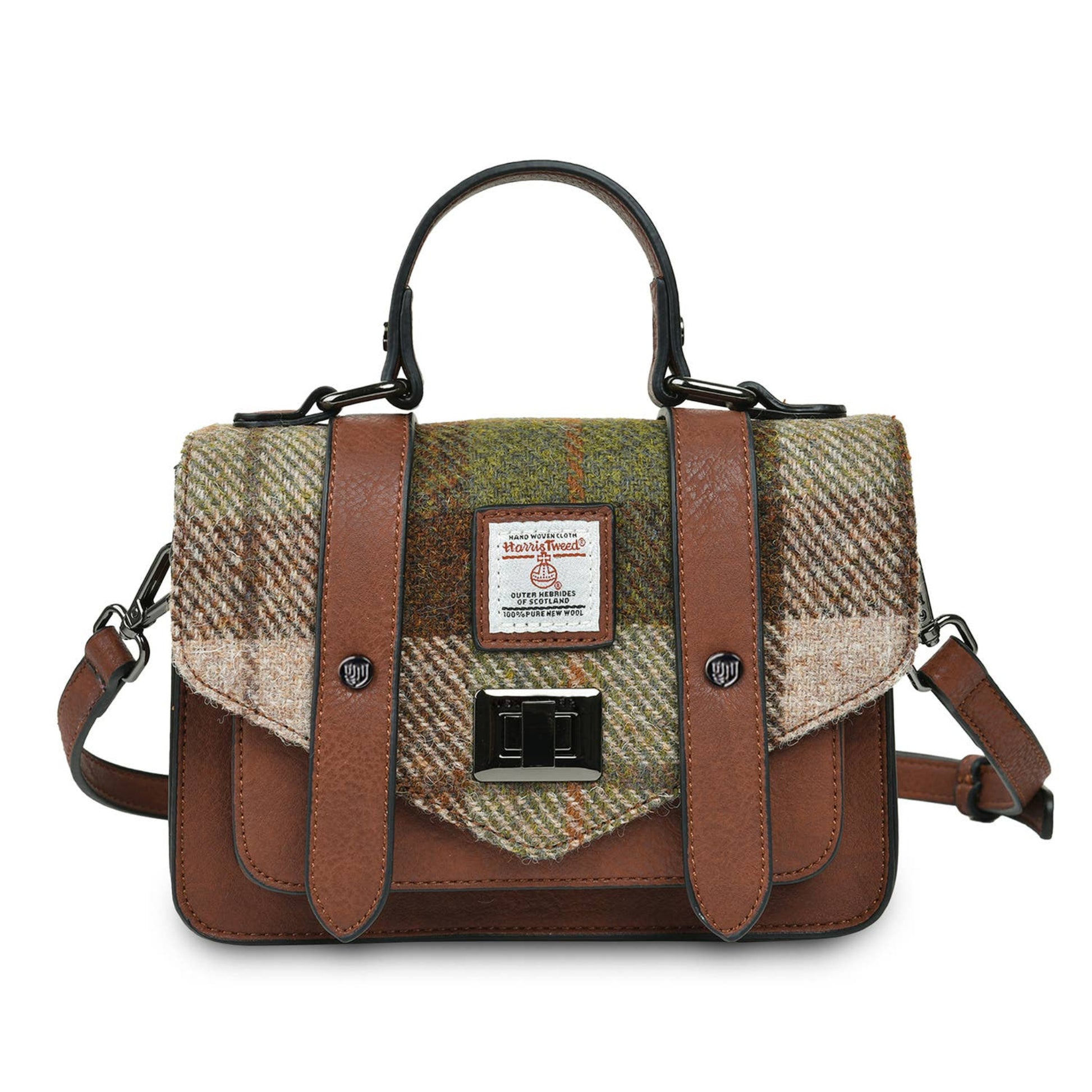 A black and gray Harris Tweed satchel handbag with a microfiber leather exterior and a structured design.