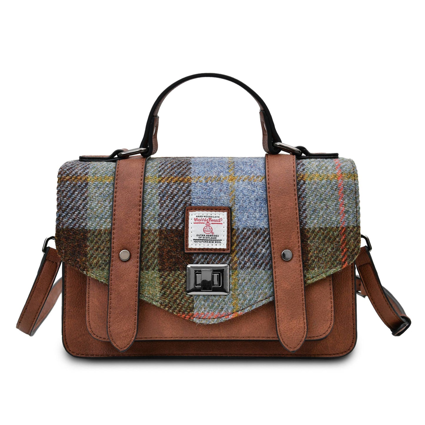 A black and gray Harris Tweed satchel handbag with a microfiber leather exterior and a structured design.