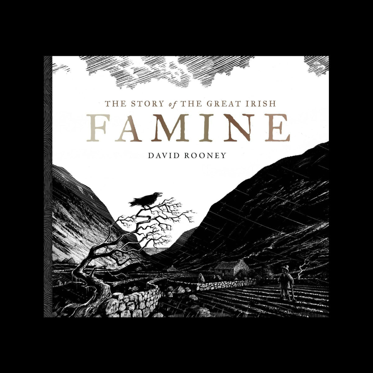 Cover of the book 'The Story of the Great Irish Famine' by David Rooney, featuring a black and white illustration of a Irish landscape with a figure and a bird.