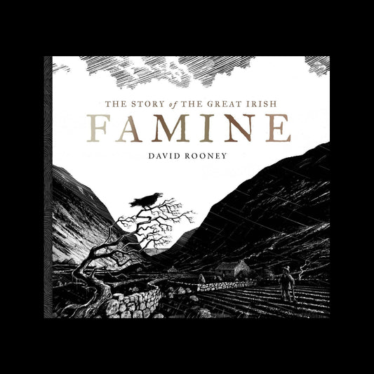 Cover of the book 'The Story of the Great Irish Famine' by David Rooney, featuring a black and white illustration of a Irish landscape with a figure and a bird.