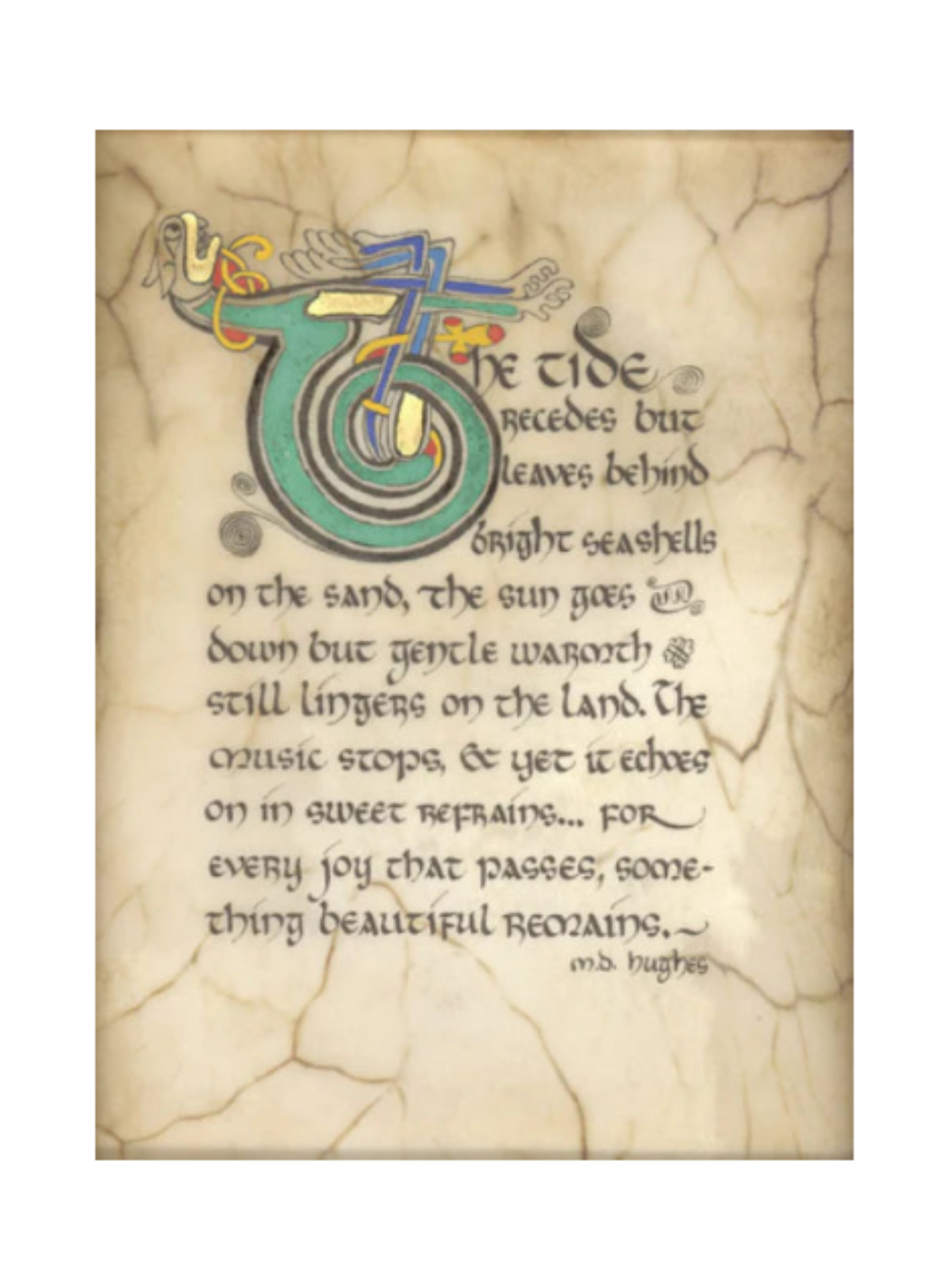 Decorative text with ornate letter 'T' on a textured beige background