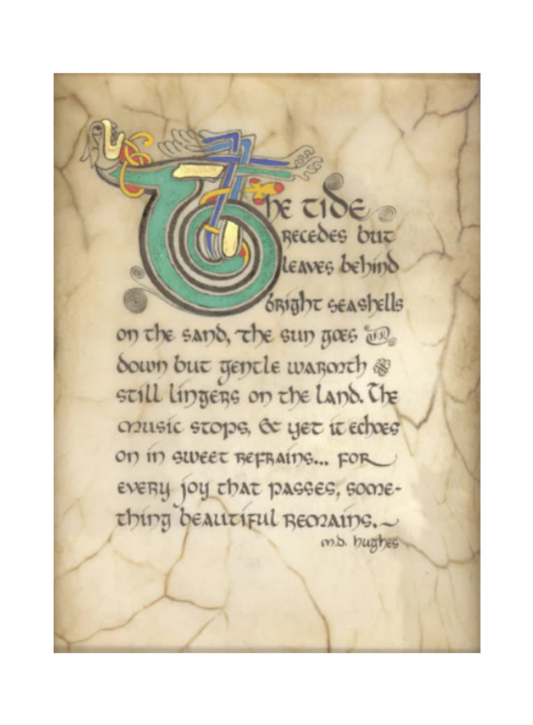 Decorative text with ornate letter 'T' on a textured beige background