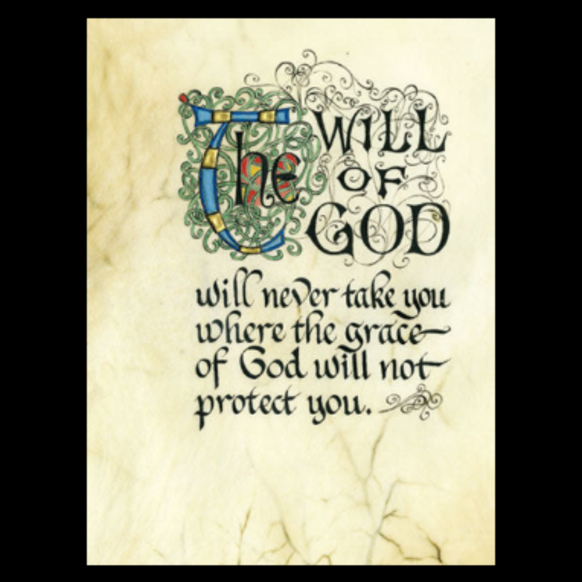 Decorative text on a textured beige background with 'The Will of God' and 'Grace of God' phrases.
