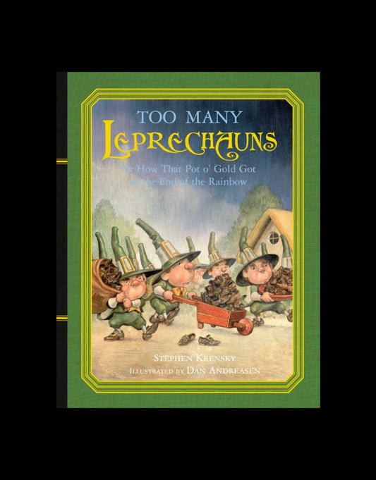 Book cover for 'Too Many Leprechauns' featuring illustrated leprechauns engaging in playful activities, set against a green background.