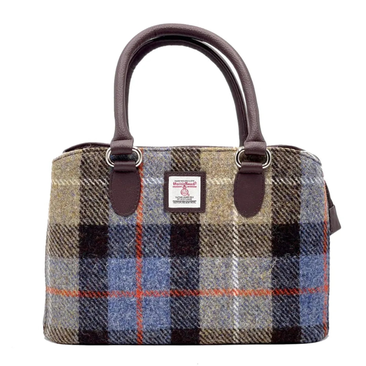 Plaid handbag with brown handles on a white background