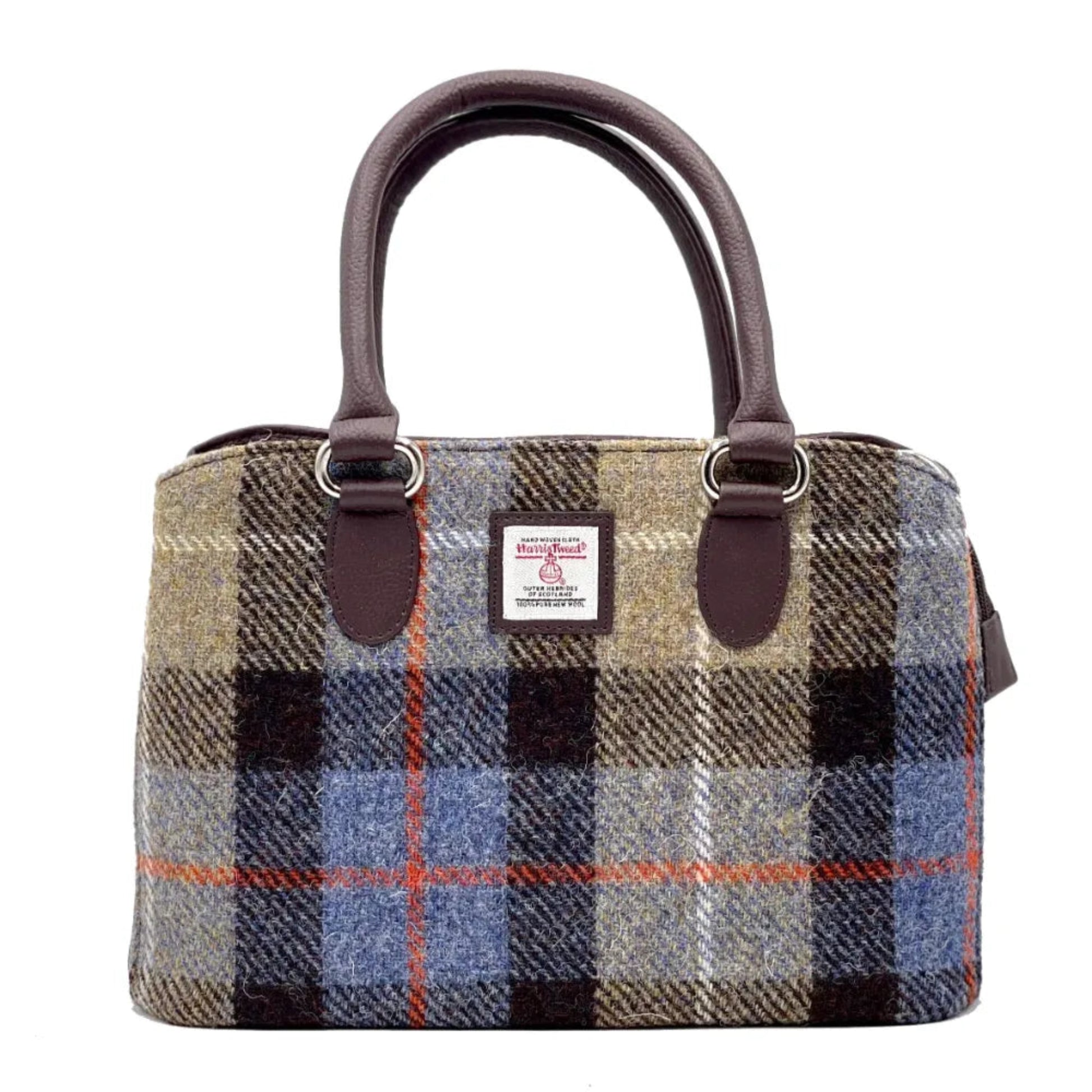 Plaid handbag with brown handles on a white background