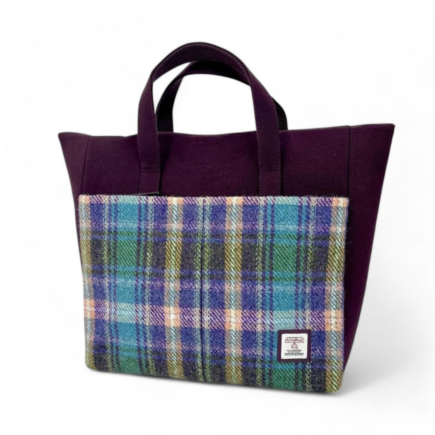 Tote bag with plaid pattern on a white background