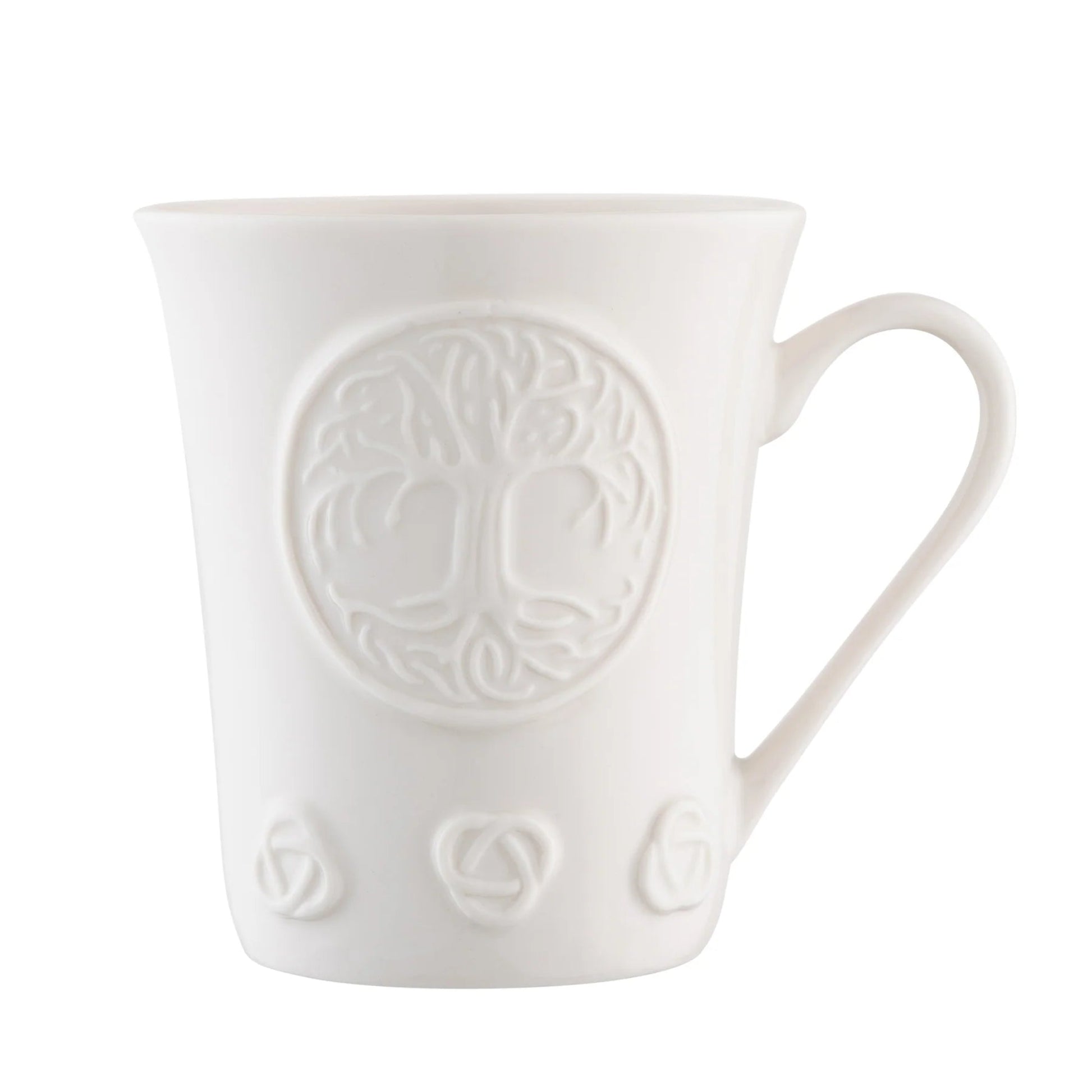 White porcelain mug with embossed tree of life design.