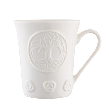 White porcelain mug with embossed tree of life design.