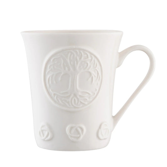 White porcelain mug with embossed tree of life design.