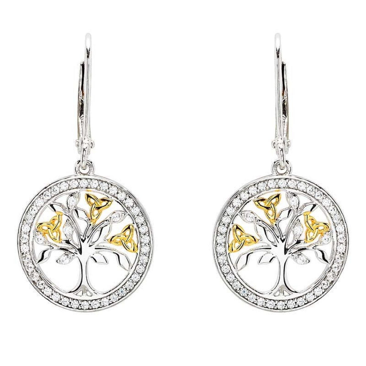 A pair of sterling silver hoop earrings with gold plated tree of life design and cubic zirconia accents.