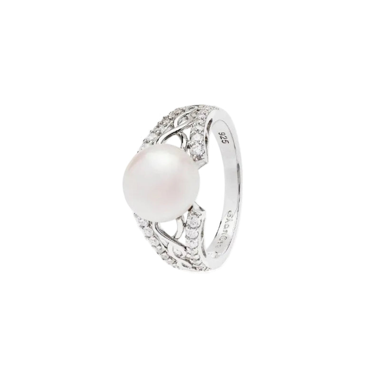 Silver ring with a pearl and diamonds on a white background