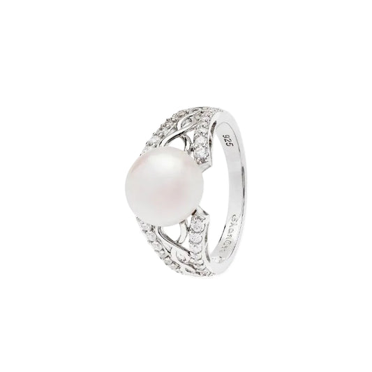 Silver ring with a pearl and diamonds on a white background