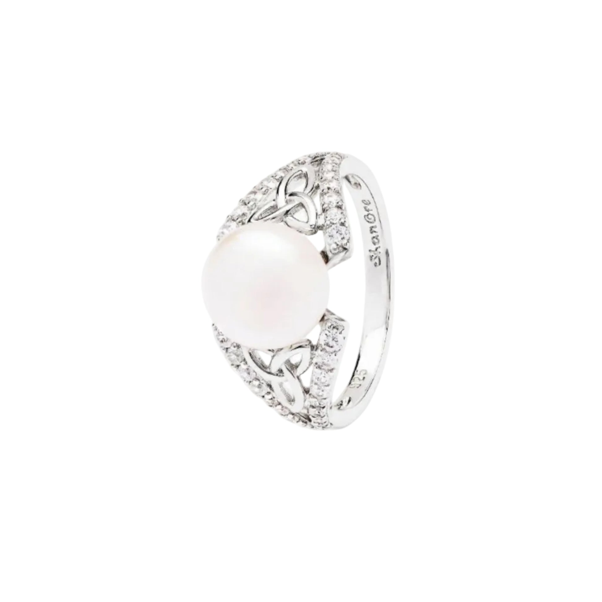 Silver ring with a large central gemstone and smaller stones on a white background