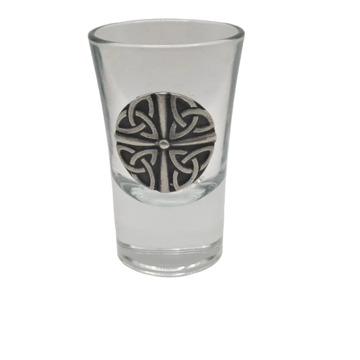 Clear shot glass with a pewter four trinity knot emblem 