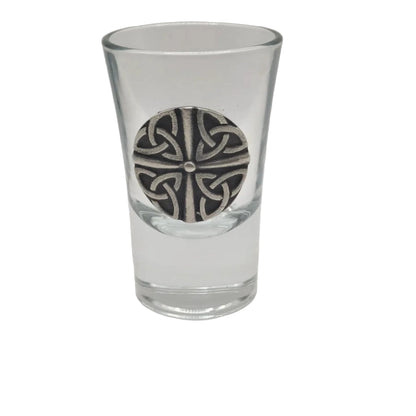 Clear shot glass with a pewter four trinity knot emblem 