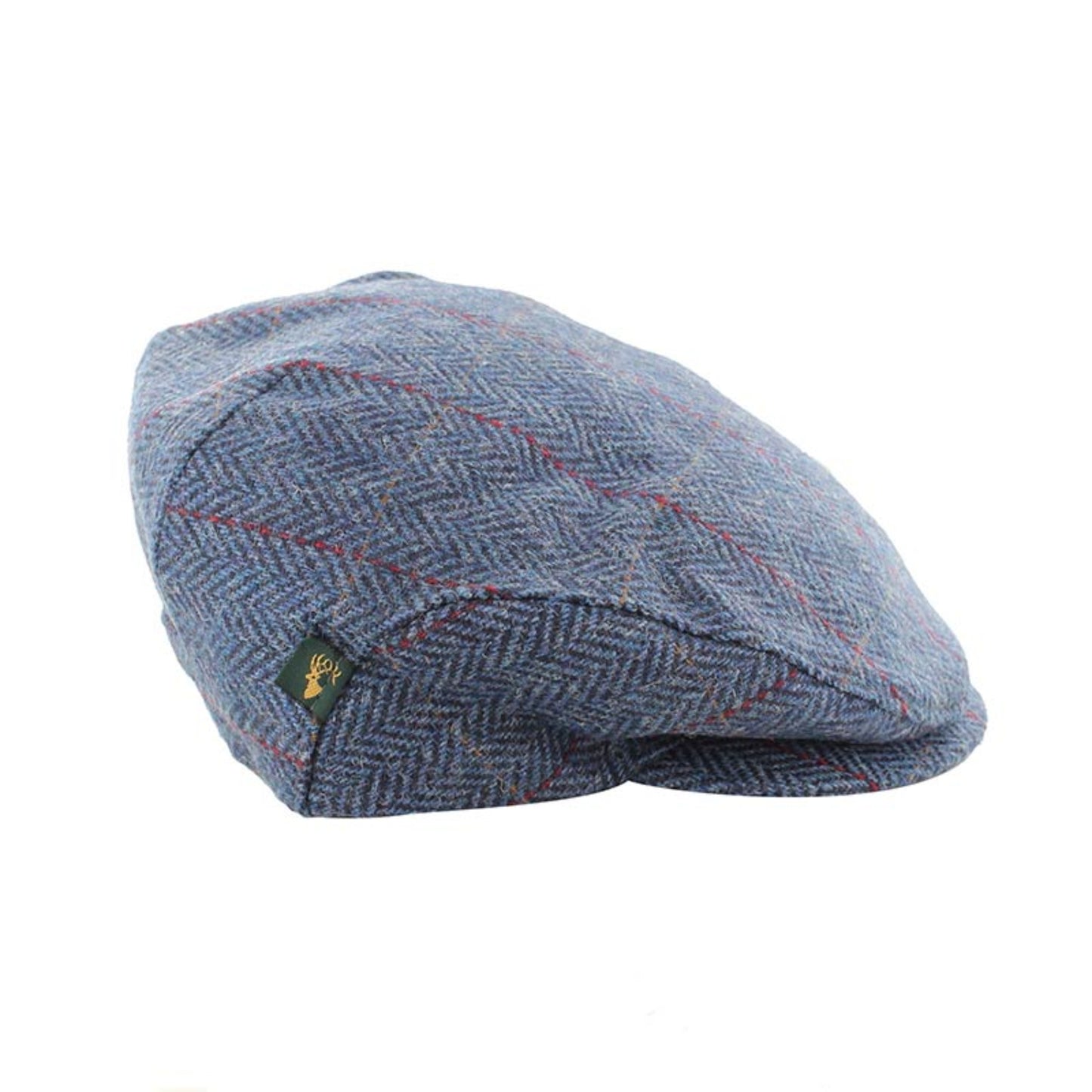 Blue herringbone patterned flat cap on a white background