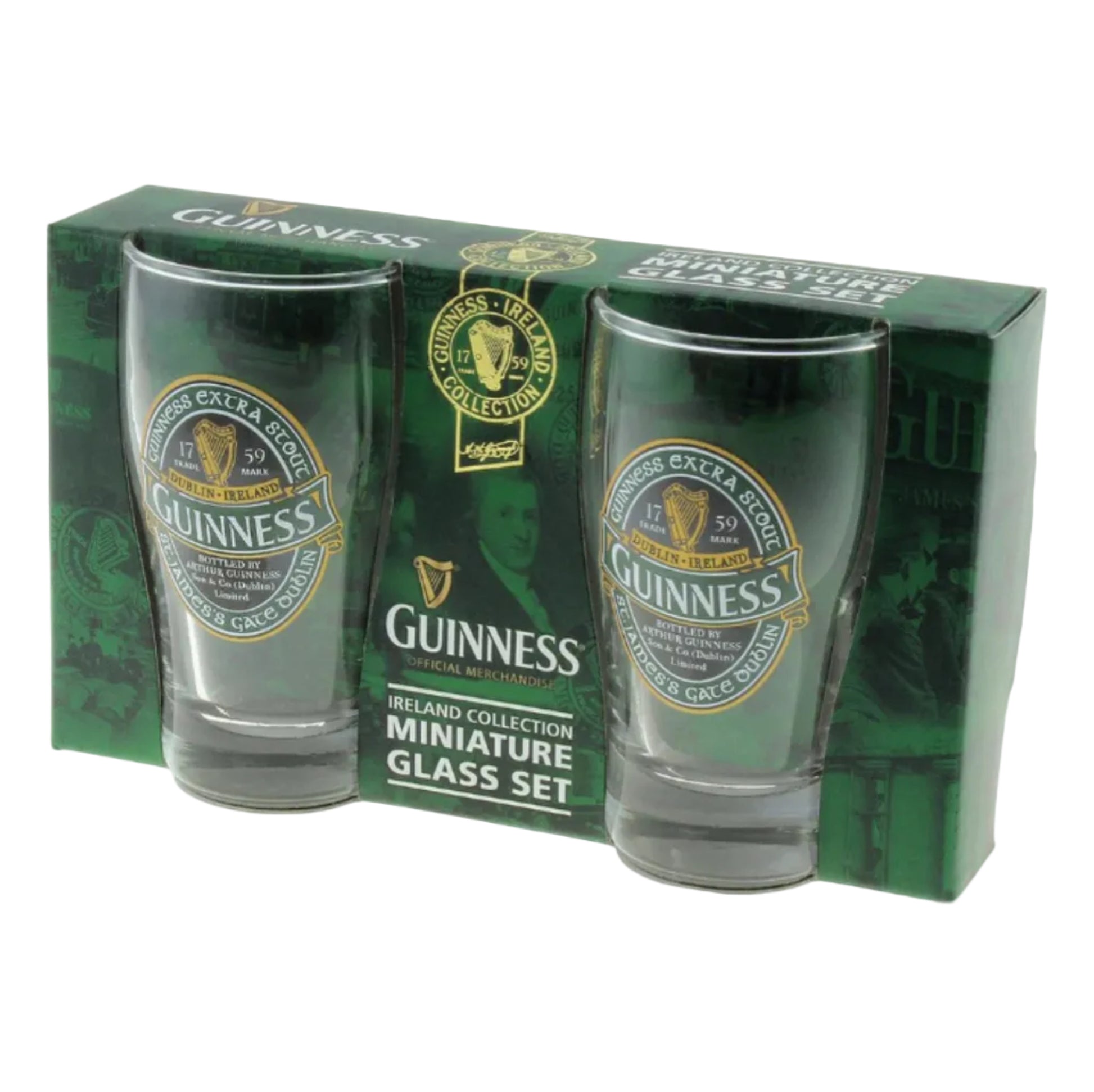 Two miniature Guinness glasses in a branded box