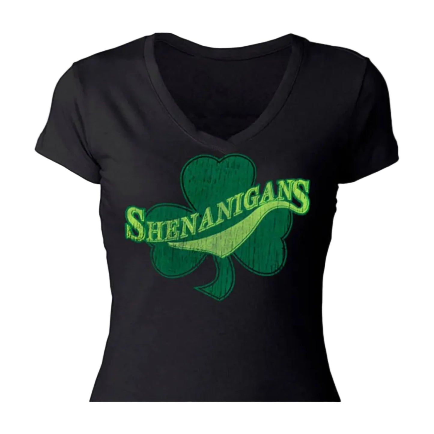 Black t-shirt with green shamrock and 'SHENANIGANS' text on a white background