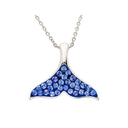 Silver necklace with a blue whale tail pendant on a white background
