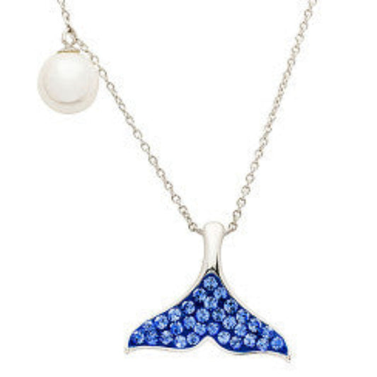 Necklace with a blue mermaid tail pendant and pearl on a white background