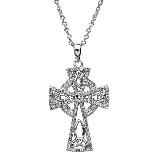 A Sterling Silver Celtic Cross pendant with white crystals, displayed on a silver chain.