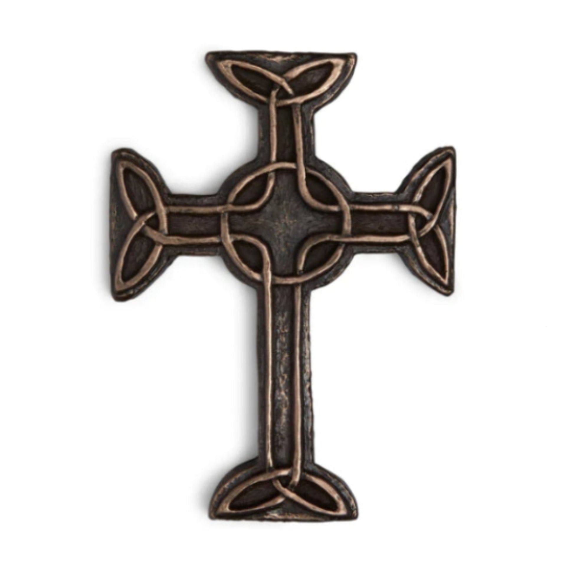 A bronze celtic cross with embossed celtic knotwork across the arms