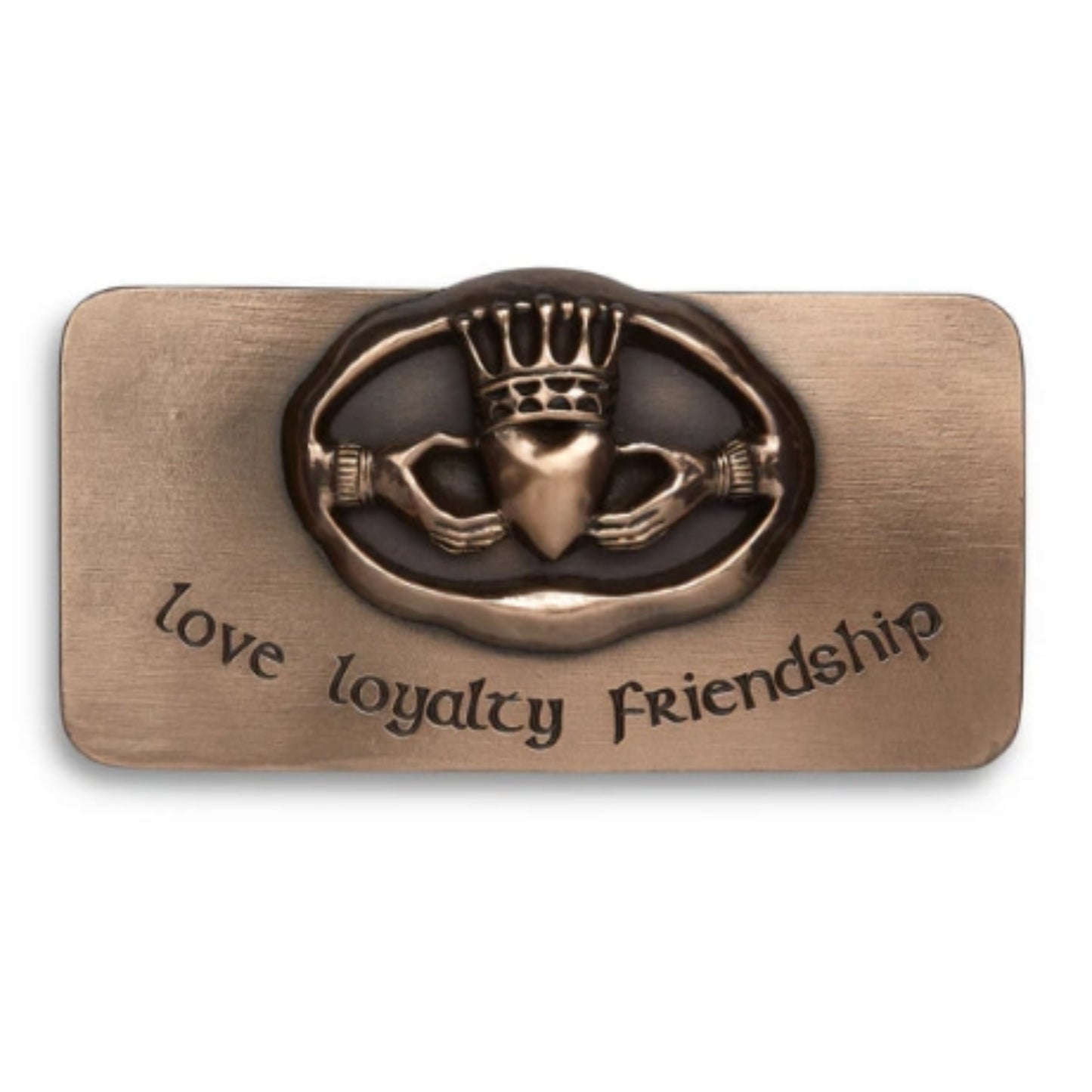 A bronze plaque with an embossed claddagh above by the engraved words 'love', 'loyalty', 'friendship'.